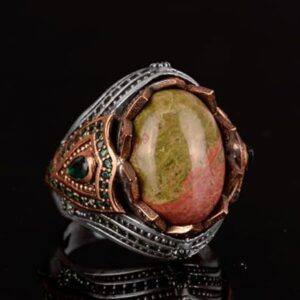 Unakite Gerçek Doğal Taş Yüzük, Sterlin Gümüş Erkek Yüzük - Görsel 6