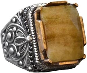 Sarı Safir Yüzük, Gümüş Sarı Safir Yüzük, 925 Ayar Gümüş Erkek Yüzük, Büyük Yüzük - Görsel 1