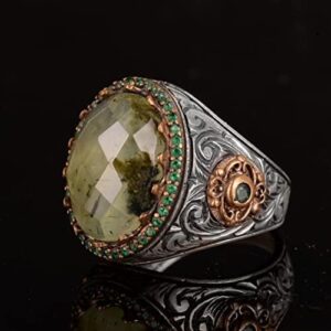 Gerçek Doğal Prehnit Taşı Yüzük, El Yapımı 925 Ayar Gümüş Erkek Yüzük Yeşil Aksanlarla - Görsel 5