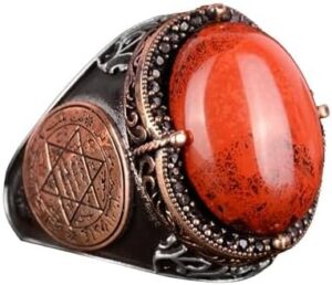 Gümüş Süleyman Mührü Yüzüğü, Doğal Kırmızı Kan Taşı Yüzük - 925 Ayar Katı Gümüş Erkek Yüzüğü - Görsel 1