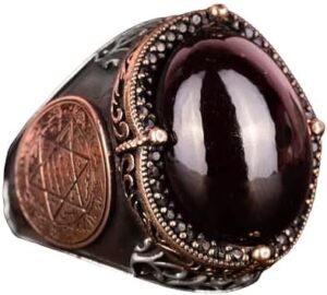 Doğal Garnet Taşlı Yüzük, Davut Yıldızı Yüzüğü - 925 Ayar Sert Gümüş Erkek Yüzüğü - Görsel 1