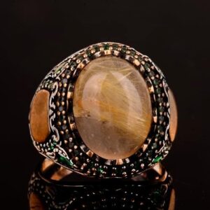 Gerçek Doğal Altın Rutilit Kuvars Taş Yüzük, Sterlin Gümüş Erkek Yüzük - Görsel 5