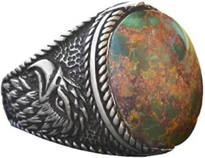 Gerçek Doğal Yeşil Turkuaz (Firuze) Şahin Tasarımlı Yüzük - 925 Ayar Gümüş El Yapımı Erkek Takısı - Görsel 1