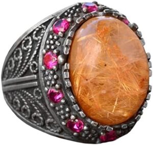 Doğal Altın Rutilat Kuvars ve Yakut Aksesuarlı - 925 Ayar Gümüş Erkek Yüzük - Görsel 1