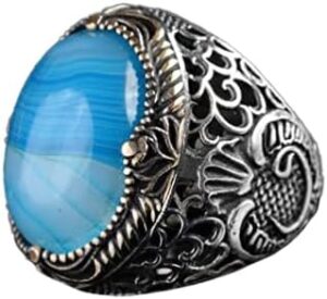 Erkekler için Doğal Mavi Akik Taşı Yüzük, 925 Ayar Gümüş El Yapımı Osmanlı Tarzı, Şifa Kristali Takı