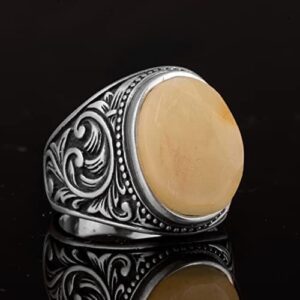 Gerçek Doğal Kehribar Taşlı Yüzük, Minimalist Yüzük, 925 Ayar Gümüş Yüzük Erkekler İçin - Görsel 6