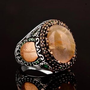 Gerçek Doğal Altın Rutilit Kuvars Taş Yüzük, Sterlin Gümüş Erkek Yüzük - Görsel 6