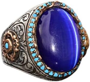 Sterling Gümüş Erkek Kral Yüzük - Yapay Mavi Göz Taşı - Görsel 1