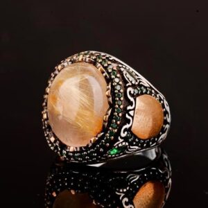 Gerçek Doğal Altın Rutilit Kuvars Taş Yüzük, Sterlin Gümüş Erkek Yüzük - Görsel 4