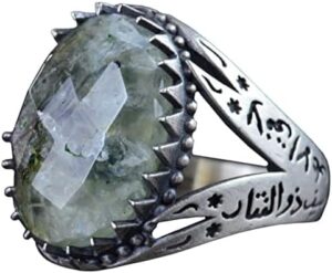 İslami Prehnit Doğal Taş Yüzük, Zülfikar Kılıcı Tasarımı, 925 Ayar Gümüş Erkek Yüzük - Görsel 1
