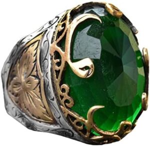 Erkekler için Orta Doğu Tasarımlı Yaratılmış Zümrüt Taşlı Yüzük, 925 Ayar Gümüş El Yapımı Vav Motifi, Şifa Kristali Takı