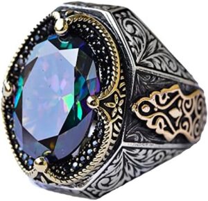 Erkekler için Yapay Mystic Topaz Taşlı, El Yapımı Gümüş Yüzük, 925 Ayar Gümüş Erkek Yüzük, Hediye İçin - Görsel 1