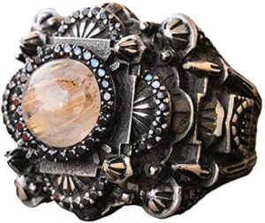 Gerçek Doğal Rutil Altın Kuvars Taşı Yüzük, İslam Yüzüğü, 925 Ayar Gümüş Yüzük, Camii Nakışlı 3D Tasarım - Görsel 1