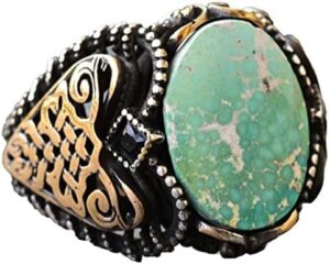 Erkek Yeşil Turkuaz Taş Yüzük, 925 Ayar Gümüş ile Vintage Orta Doğu Tasarımı