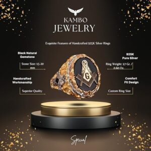 Usta Masonik Yüzük - 925 Ayar Gümüş, Altın Kaplama Siyah Obsidan, Mason Sembolü, Kelt Tasarımı Spiritüel Erkek Takısı (Özel) - Görsel 2