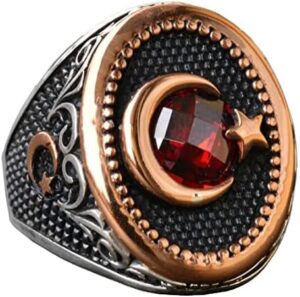 Hilal Yıldız Yüzük, Ay ve Yıldız Yüzüğü, Kırmızı Taşlı Erkek Gümüş Yüzük, 925 Ayar Gümüş Yüzük - Görsel 1