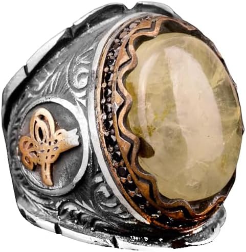 Gerçek Doğal Prehnite Taş Yüzük, 925 Ayar Gümüş Erkek Yüzük, Tugra Yüzük