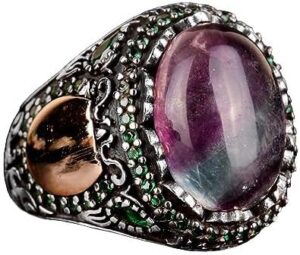 Gerçek Doğal Florit Taşlı Yüzük, Minimalist Yüzük, El Yapımı Yüzük, 925 Ayar Gümüş Yüzük Erkekler İçin - Görsel 1