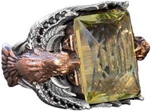 El Yapımı Yapay Citrin Taşlı Yüzük, Kartal Tasarımlı Sterlin Gümüş Erkek Yüzüğü - Neşe ve Refah Sembolü - Görsel 1