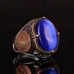 Davud Yıldızı Gümüş Yüzük, Lacivert Kedi Gözü Yapay Taş, 925 Ayar Gümüş Süleyman Yüzüğü - Görsel 5