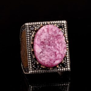 Gerçek Doğal Druzy Kristal Kuvars Taş Yüzük Erkekler İçin, Kral Süleyman Yüzüğü, 925 Ayar Gümüş Erkek Yüzüğü - Görsel 3