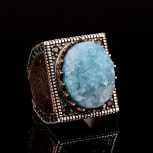 Gerçek Doğal Druzy Kristal Kuvars Taş Yüzük Erkekler İçin, Kral Süleyman Yüzüğü, 925 Ayar Gümüş Erkek Yüzüğü - Görsel 5