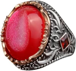 Vintage Erkek 925 Ayar Gümüş Yüzük Druzy Kuvars, Kırmızı - Görsel 1