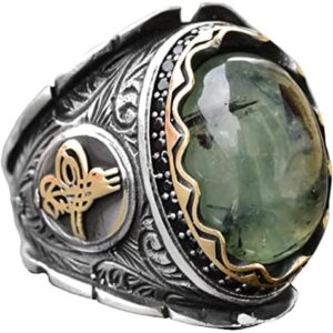 925 Ayar Gümüş Erkek Yüzük, Doğal Prehnit Taşı, El Yapımı Tasarım, Yeşil Taş Yüzük Erkekler İçin - Görsel 1