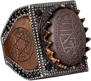 925 Ayar Gümüş Erkek Yüzük, Hematit Taşı, Vintage İslami Tasarım, Oyma Arapça Hat Yazısı - Görsel 1