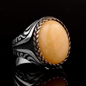 Erkekler için Doğal Sarı Akik Taşlı Yüzük, 925 Ayar Gümüş El Yapımı Vintage Tarzı - Görsel 4