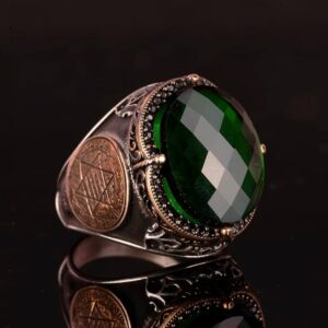 Davud Yıldızı Yüzüğü, Yapay Taş Yüzük, 925 Ayar Gümüş Süleyman Yüzüğü (Yeşil Yapay Taş) - Görsel 3