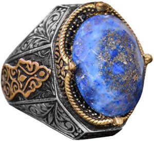 El Yapımı Vintage Tasarım Zümrüt Yüzük - 925 Ayar Gümüş Erkek Yüzük Altın Vurgularla (Sodalit) - Görsel 1