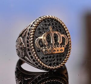 925 Ayar Gümüş Kral Tacı Yüzük - Doğal Oniks Taşı - Erkekler için Görkemli Takı - Görsel 2