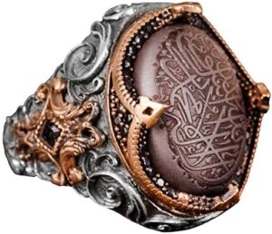 925 Ayar Gümüş Erkek Yüzük, Doğal Hematit Taşı, Vintage İslami Tevhid Tasarımı, Oymalı Hat Sanatı - Görsel 1