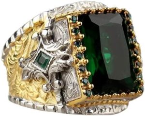 El Yapımı 925 Ayar Gümüş Erkek Yüzük, Yeşil Zümrüt Taşlı, Süslemeli Tasarım, İslami Yüzük - Görsel 1