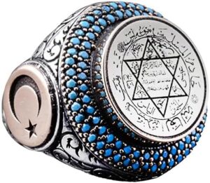 925 Ayar Gümüş Erkek Yüzük, Mavi Turkuaz, Hilal Ay ve Süleyman Yıldızı Tasarımı - Görsel 1