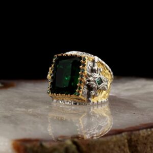 El Yapımı 925 Ayar Gümüş Erkek Yüzük, Yeşil Zümrüt Taşlı, Süslemeli Tasarım, İslami Yüzük - Görsel 3