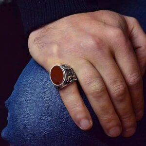 El Yapımı Kırmızı Akik Taş Yüzük - 925 Ayar Gümüş Erkek Takısı - Görsel 3