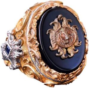 El Yapımı Onyx Yüzük - 925 Ayar Sterlin Gümüş Erkek Altın Kaplama Yüzük (Aslan) - Görsel 1