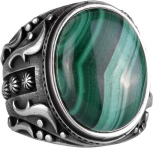 Doğal Malakit Taşlı Yüzük, 925 Ayar Sıkı Gümüş Erkek Yüzüğü