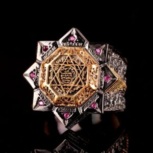 925 Ayar Gümüş Erkek Yüzük - Kırmızı Zirkon Taşlı Davut Yıldızı ve Süleyman Mühürü Tasarımlı Yüzük - Görsel 4