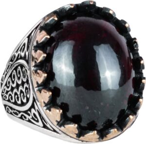 925 Ayar Katı Gümüş Erkek Yüzüğü Doğal Taşlarla - El Yapımı Şıklık (Cabochon Granat Taşı) - Görsel 1