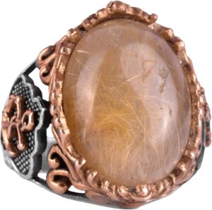 Yelkenci Çapa Yüzüğü, Cabochon Altın Rutilatlı Kuvars Taşlı Yüzük, 925 Ayar Katı Gümüş Erkek Yüzüğü - Görsel 1