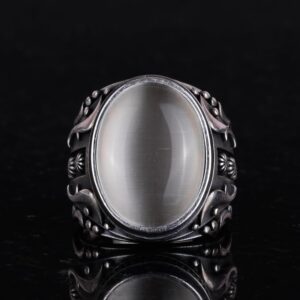 925 Ayar Gümüş Yüzük, Tasarım Gümüş Erkek Yüzüğü (Beyaz Kedi Gözlü Yapay Taş) - Görsel 4