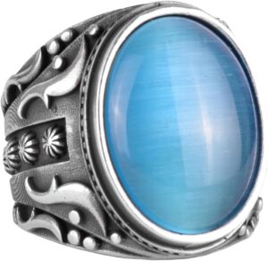 925 Ayar Gümüş Yüzük, Tasarım Gümüş Erkek Yüzüğü (Yapay Açık Mavi Kedi Gözü Taşı) - Görsel 1