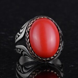 925 Ayar Gümüş Yüzük - Yapay Taş Gümüş Yüzük - El Yapımı Yüzük (Yapay kırmızı mercan) - Görsel 5