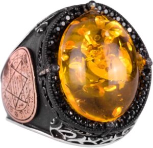 David Yıldızı Yüzüğü, Yapay Taş Yüzük, 925 Ayar Gümüş Süleyman Yüzüğü (Bal Amber Yapay) - Görsel 1