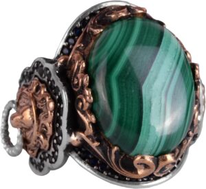 925 Ayar Katı Gümüş Erkek Yüzük, Doğal Malakit Taşı Yüzük, Aslan Başı Erkek Yüzük - Görsel 1