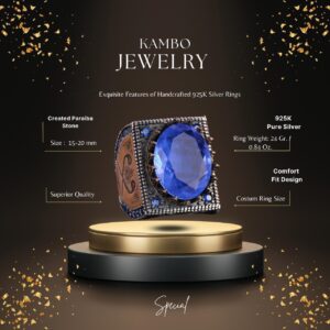 925 Ayar Gümüş İslami Yüzük, Yapay Taş Yüzük, El Yapımı Hat Yazısı Yüzük (Yapay Lacivert Paraiba) - Görsel 2