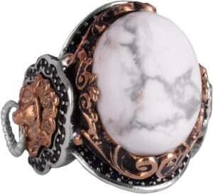 Aslan Yüzük Erkekler için, El Yapımı Howlite Taş Yüzük - Sakinleştirici 925K Katı Gümüş Erkek Yüzük - Farkındalık ve Sükunet Tasarımı - Görsel 1